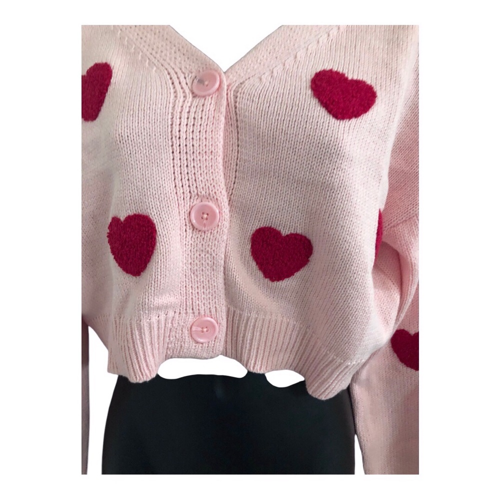 Jessica Simpson tufted embroidered red hearts cropped pink cardigan size XL new‎ - Picture 10 of 12